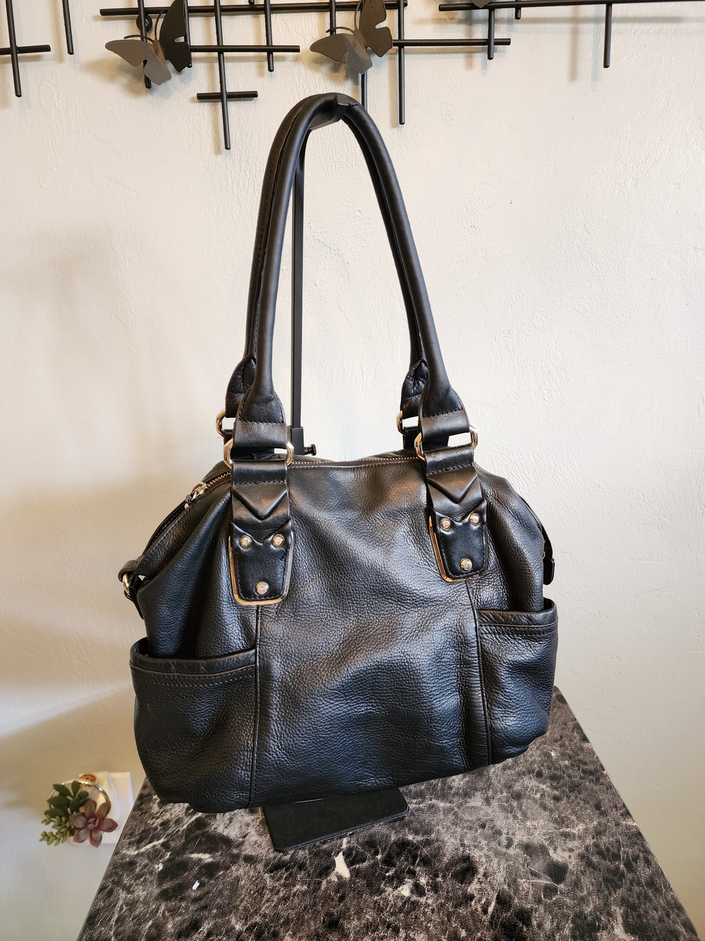 b. makowsky Black Pebbled Leather Shoulder Bag